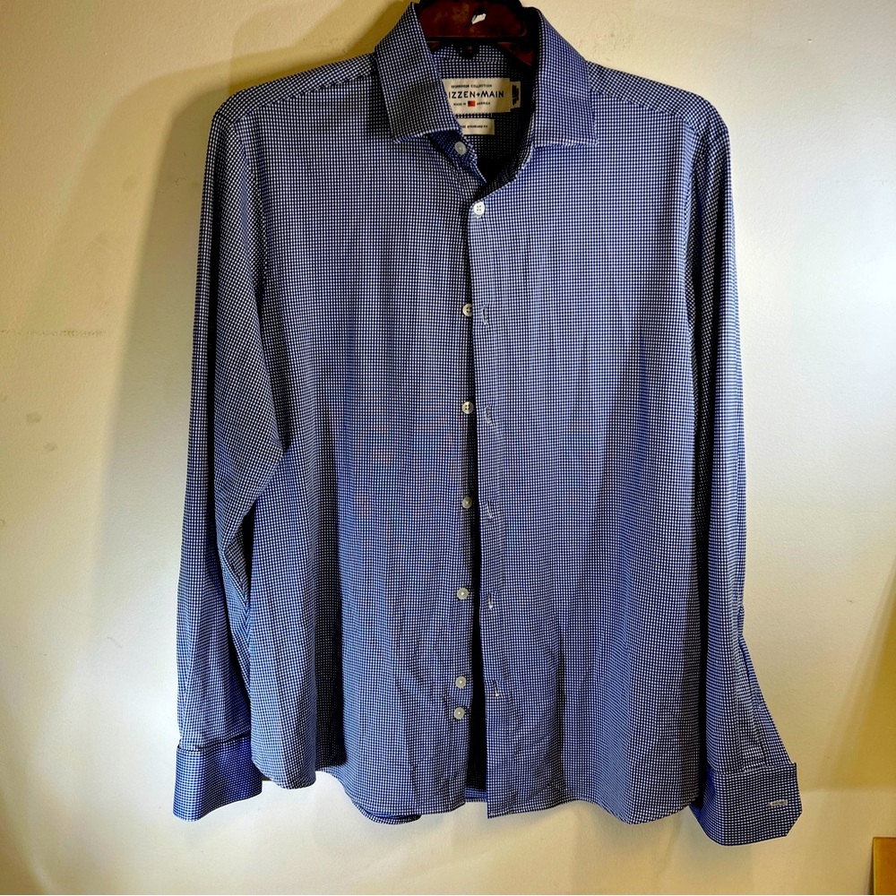 Mizzen + Main Men's Leeward Trim Fit Shirt Stretch Blue Plaid Check Large EUC